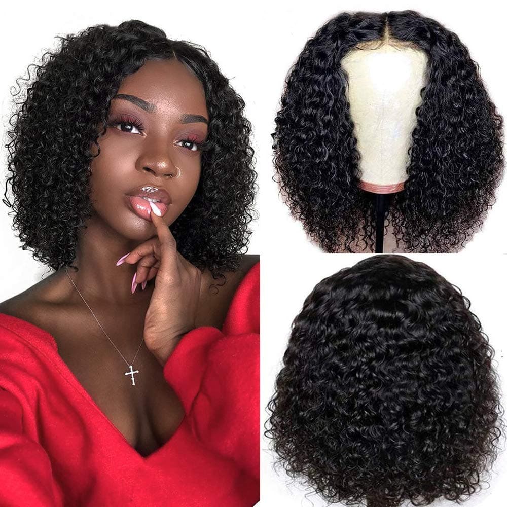 BEEOS Short Curly Bob Wigs 4x4 Lace Front Wigs Closure Curly Wave Human Hair Real Virgin Brazilian Hair 130% Density Pre Plucked with Baby Hair Natural Black for Black Women 12 Inch