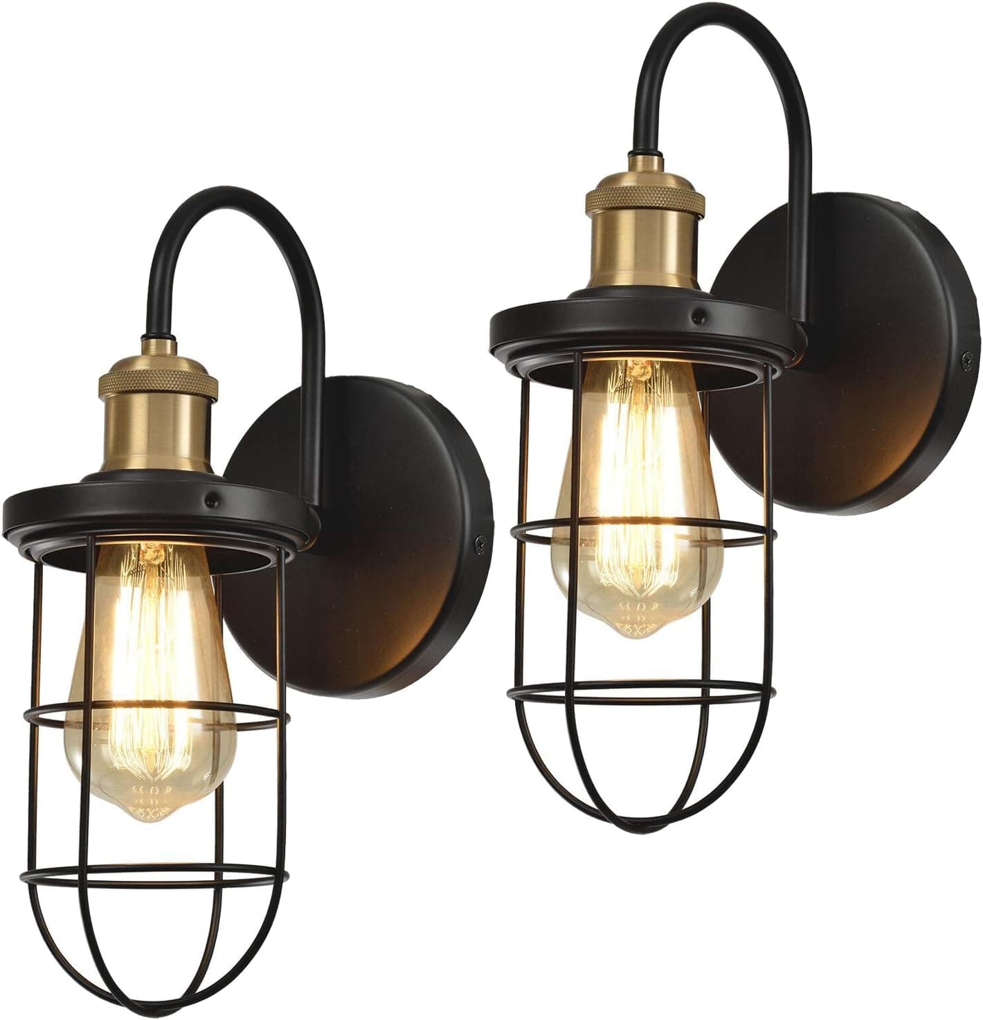 Hamilyeah Farmhouse Wall Sconces with Cage Shade, Industrial Hardwired Sconces Wall Lighting Fixture,Gooseneck Black and Gold Wall Light Indoor Set of Two for Bathroom, Bedroom, Living Room, UL Listed