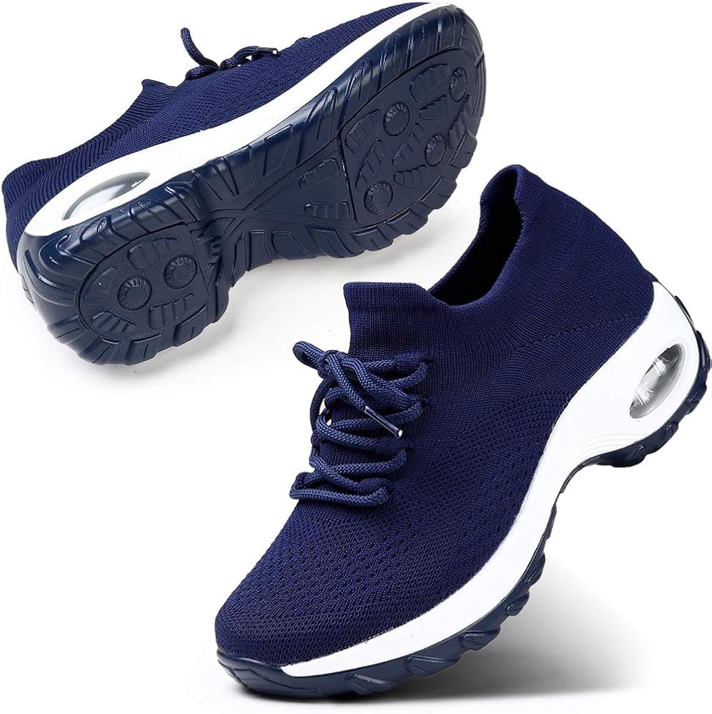 STQ Women's Lace up Low Top Platform Fashion Sneakers,Athletic Walking Running Gym Sports Shoes Navy Size 7.5