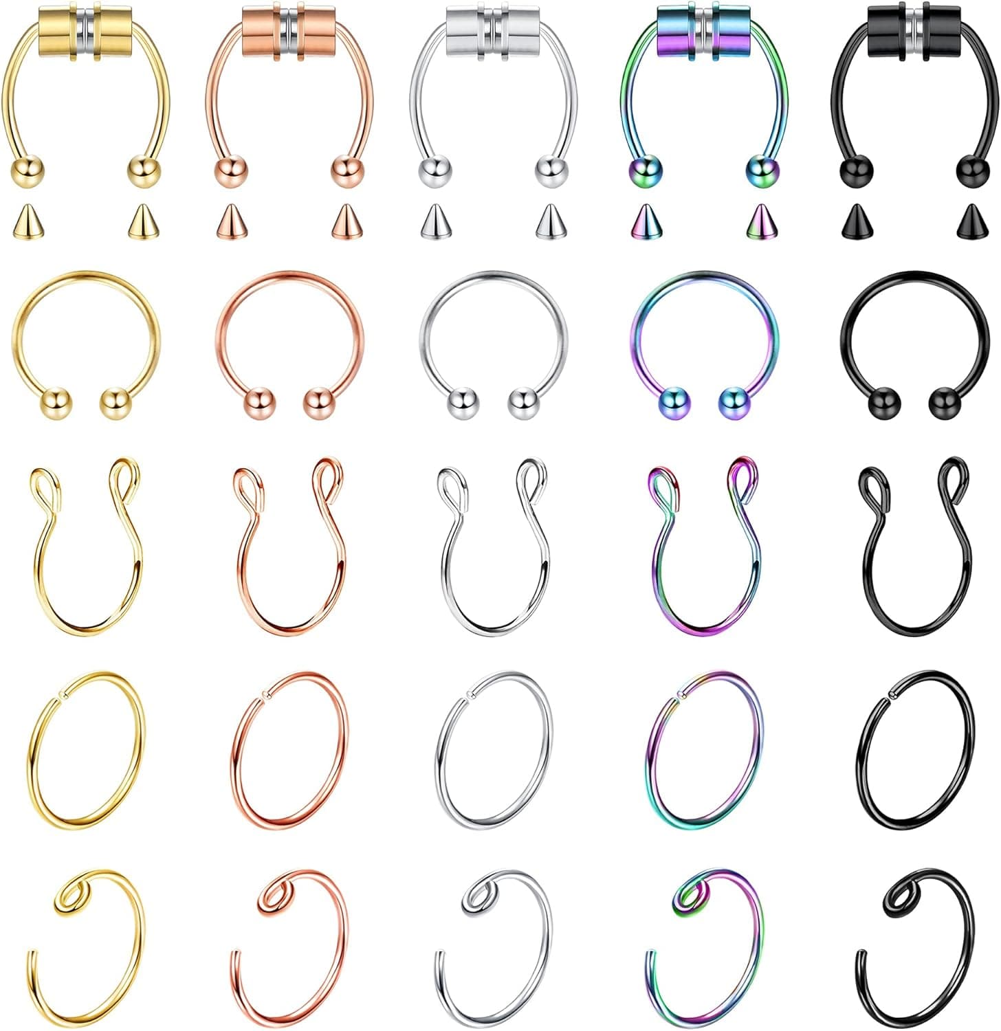 UBGICIG 25PCS Fake Nose Ring Hoop Septum Nose Ring Horseshoe Stainless Steel Fake Septum Fake Nose Ring Faux Lip Ear Septum Ring Non-Pierced Body Jewelry…