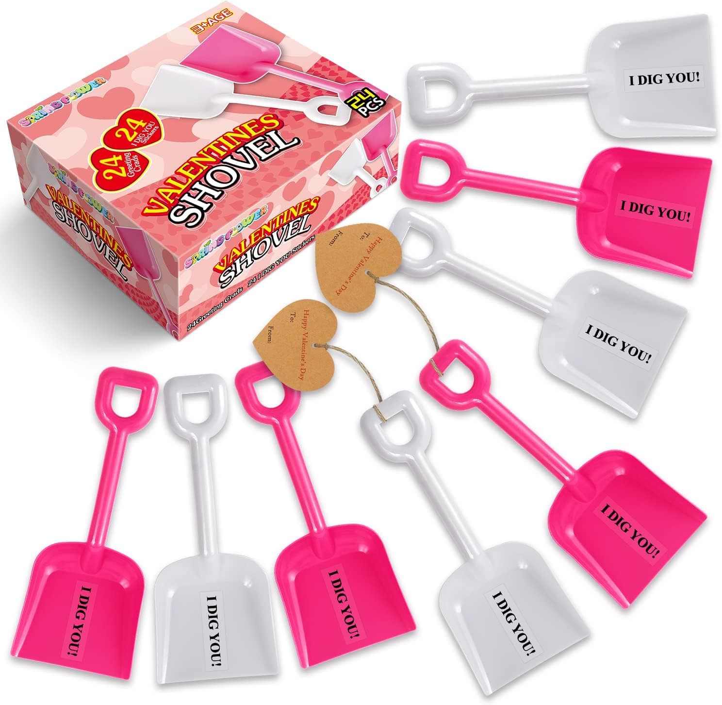 Valentines Day Cards with 24 packs Plastic Shovels,Valentine Exchange Cards for kids, School Classroom Gift Exchange Party Favors for Girls Boys, 24 I DIG YOU Stickers,White Pink Plastic Shovels