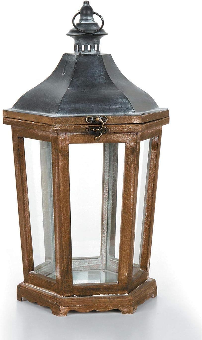 Orchid & Ivy Large Vintage Brown Wooden Hexagon Lantern with Metal Top – Tabletop or Hanging LED Candle Holder