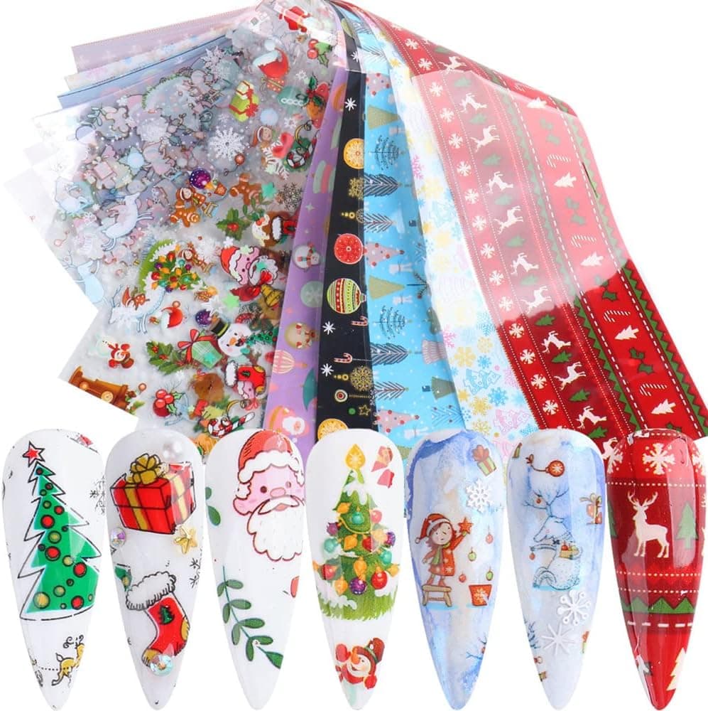 10 Sheets Christmas Nail Foil Holographic Snowflake Nails Art Decals Supplies Snowmen Santa Claus Bells Christmas Trees Elk Nail Designs Decorations Transfer Sticker Women Acrylic DIY Manicure Tips