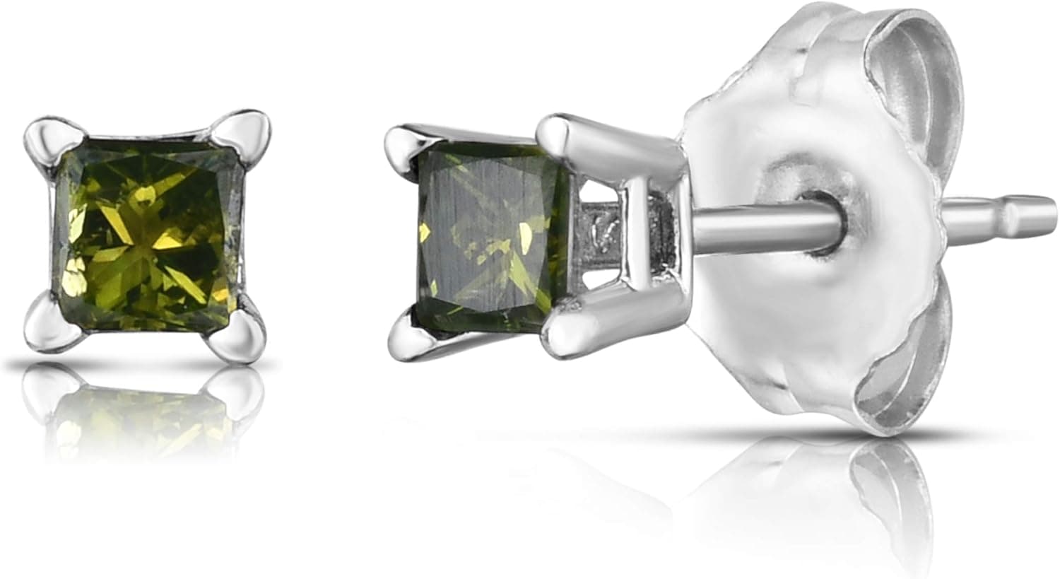 0.25 Carats Princess Cut Green Diamond Stud Earrings in 10K White With Butterfly pushback Earrings