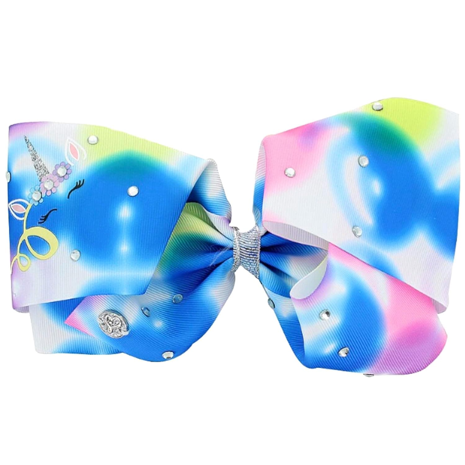 JoJo Siwa 7 Inch Tie-Dye Bow with Unicorn Face, Metal Pin Barrette Clip On Card Ribbon Headpiece Hair Accessory for Little Girls, Teens - JoJo Big HairBow Signature Collection