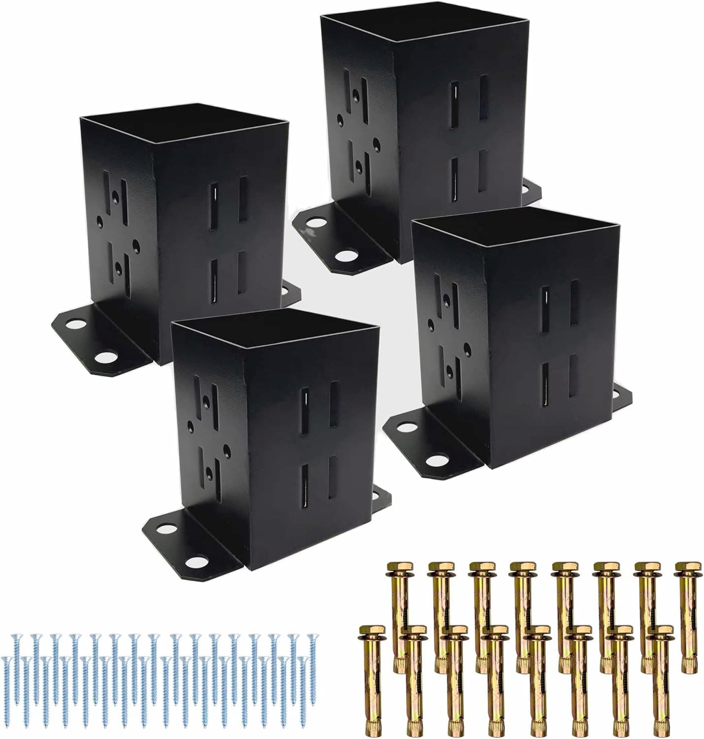 Hi-Flame Fence Post Base Brackets Heavy Duty Steel Powder-Coated Anchor Support Use for 4x4 Wood, Black (4 Pack, Screws Included)) (XHZ-001)