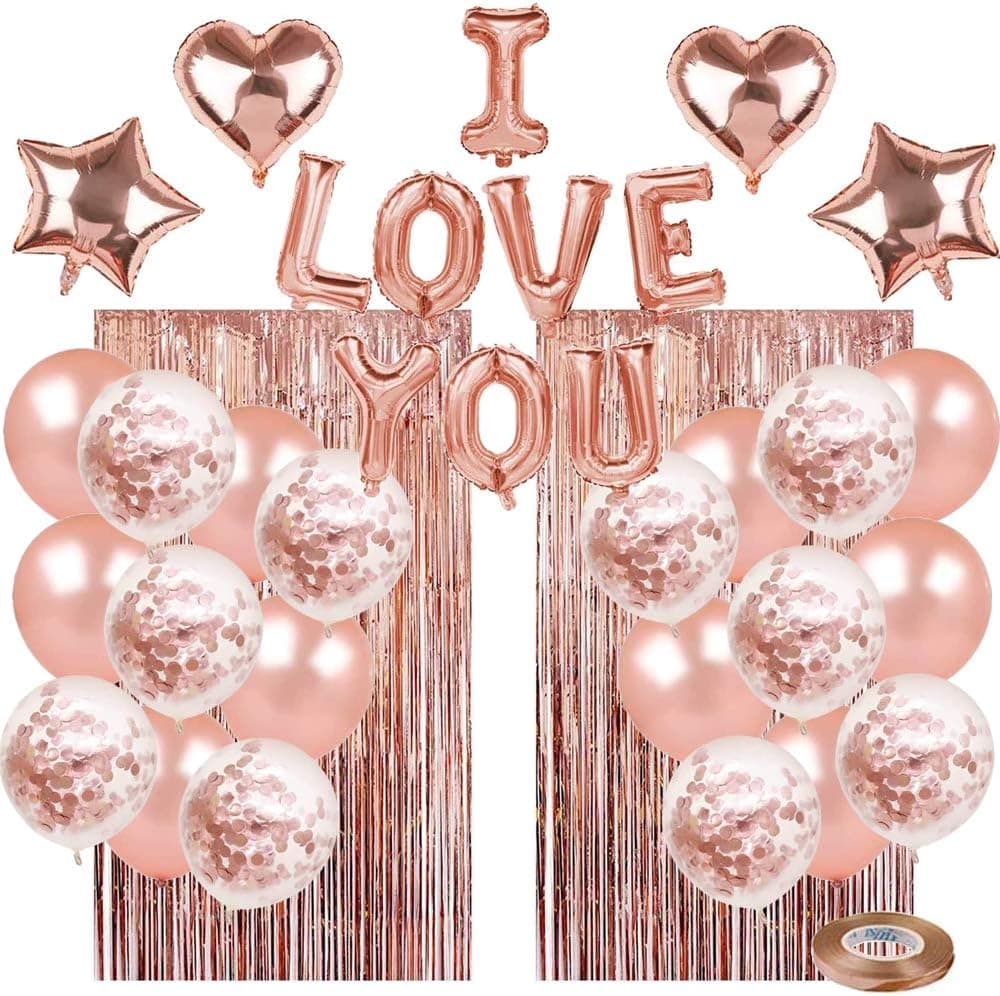Valentines Day Decorations Set, 35Pcs Rose Gold I LOVE YOU, Star, Heart Foil Balloons, Mylar Rose Gold Sequins Balloons for Wedding Bridal Shower Anniversary Birthday Valentine's Day Party Decorations