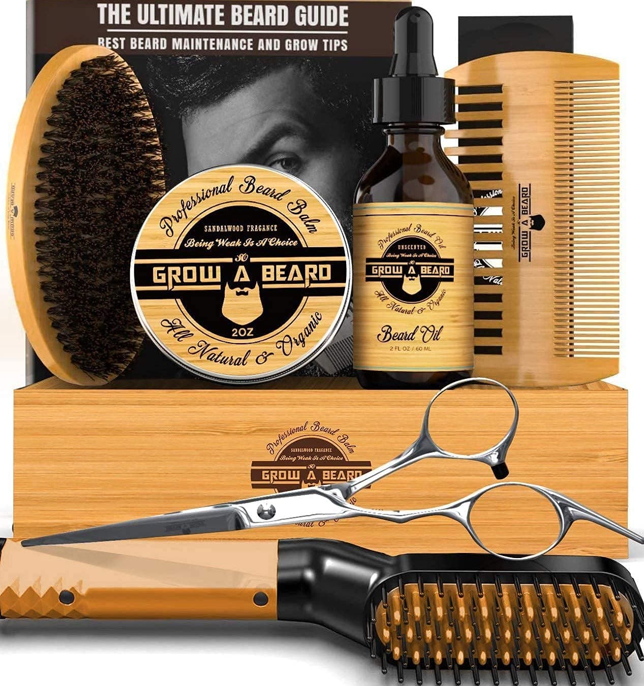 Beard Straightener Grooming Kit, 2oz Beard Growth Oil Unscented, Natural 2oz Beard Balm Leave-in Conditioner, Beard Brush, Beard Comb, & Barber Scissors for Styling, Perfect Gifts for Him, Dad & Husband