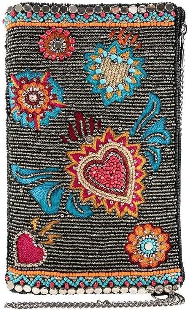 Mary Frances Flaming Hearts Beaded Crossbody Phone Bag, Pewter