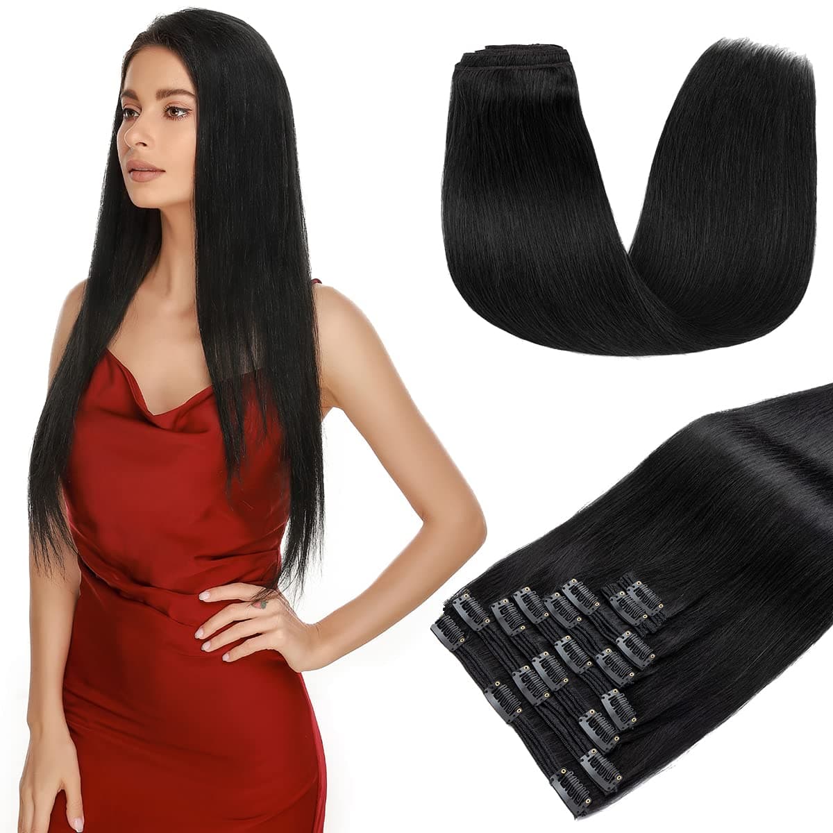 S-noilite Clip in Hair Extensions Real Human Hair 20 Inch Jet Black Hair Extensions Remy Human Hair Clip In For Women Natural Straight Clip on Extension Double Weft 8PCS 150g #1