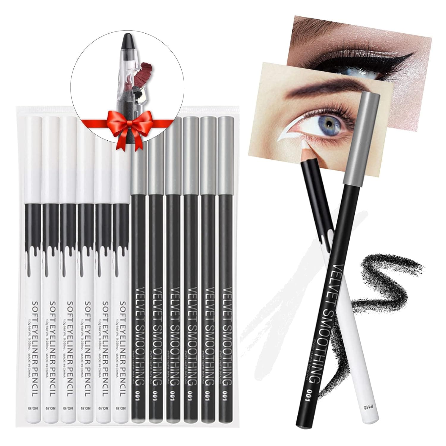 12PCS Erinde Eyeliner Pencil Set, White Eyeliner Pencil, Soft Black Eye Liner Eyebrow pencil, Eye Brightener Stick, Waterproof Natural Matte Hypoallergenic, White Eye Liners Makeup Pencils, Easy to Color