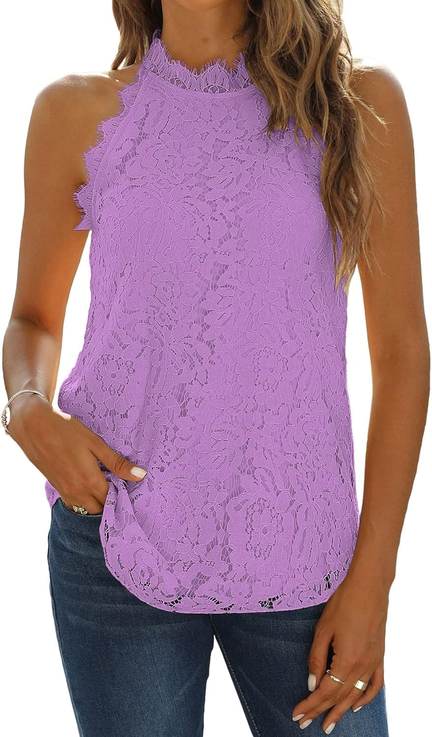 Halife Womens Summer Lace Tank Tops Halter Neck Casual Sleeveless Shirts Dressy Blouse Top