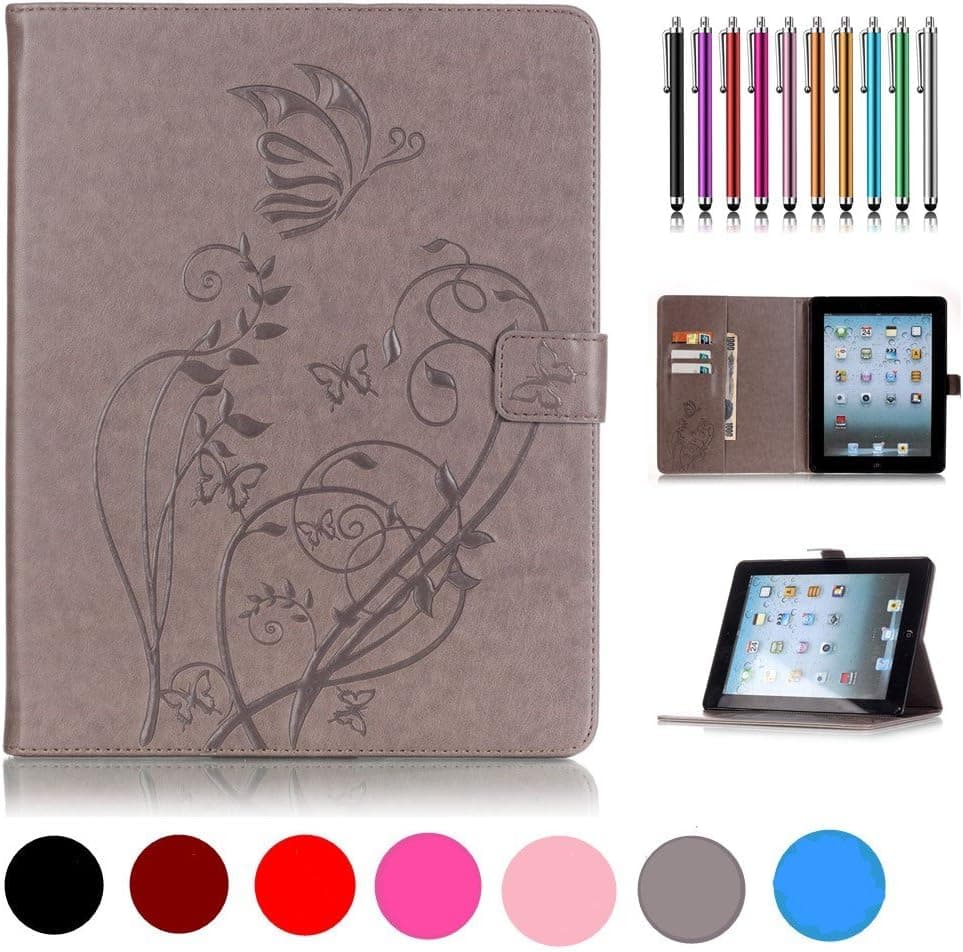 iPad 4/3/2 Case KingCool Elegant Butterfly Flower Design PU Leather Stand Case for Apple iPad 4/iPad 3/iPad 2 Generation(9.7 inch)-Not fit for iPad Mini 1/2/3 Generation(7.9 inch) Grey