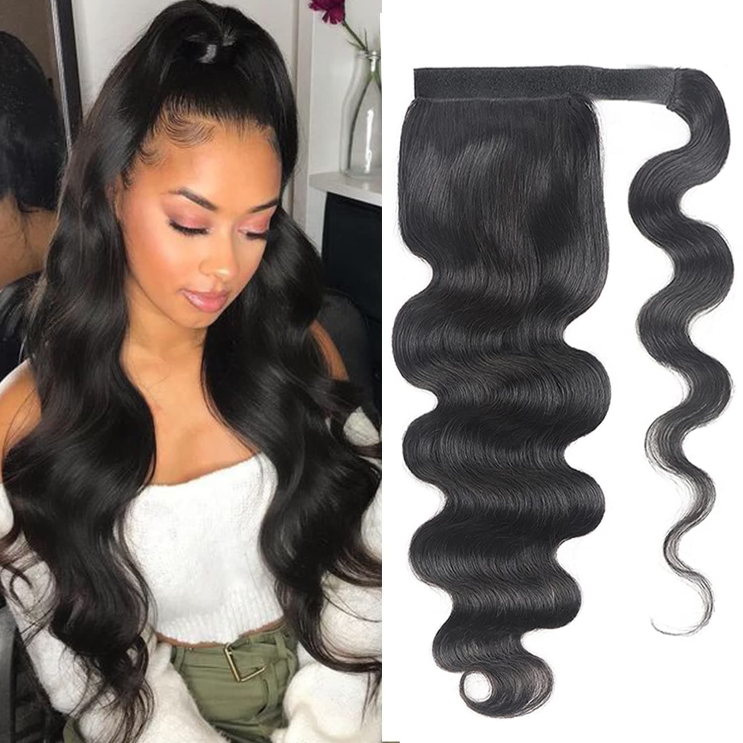 Brazilian Virgin Body Wave Human Hair Ponytail Magic Tie Long Body Wave Ponytail 100% Remy Human Hair Ponytails Extension for Black Women Natural Color (16Inch/NEW, Body wave ponytail)