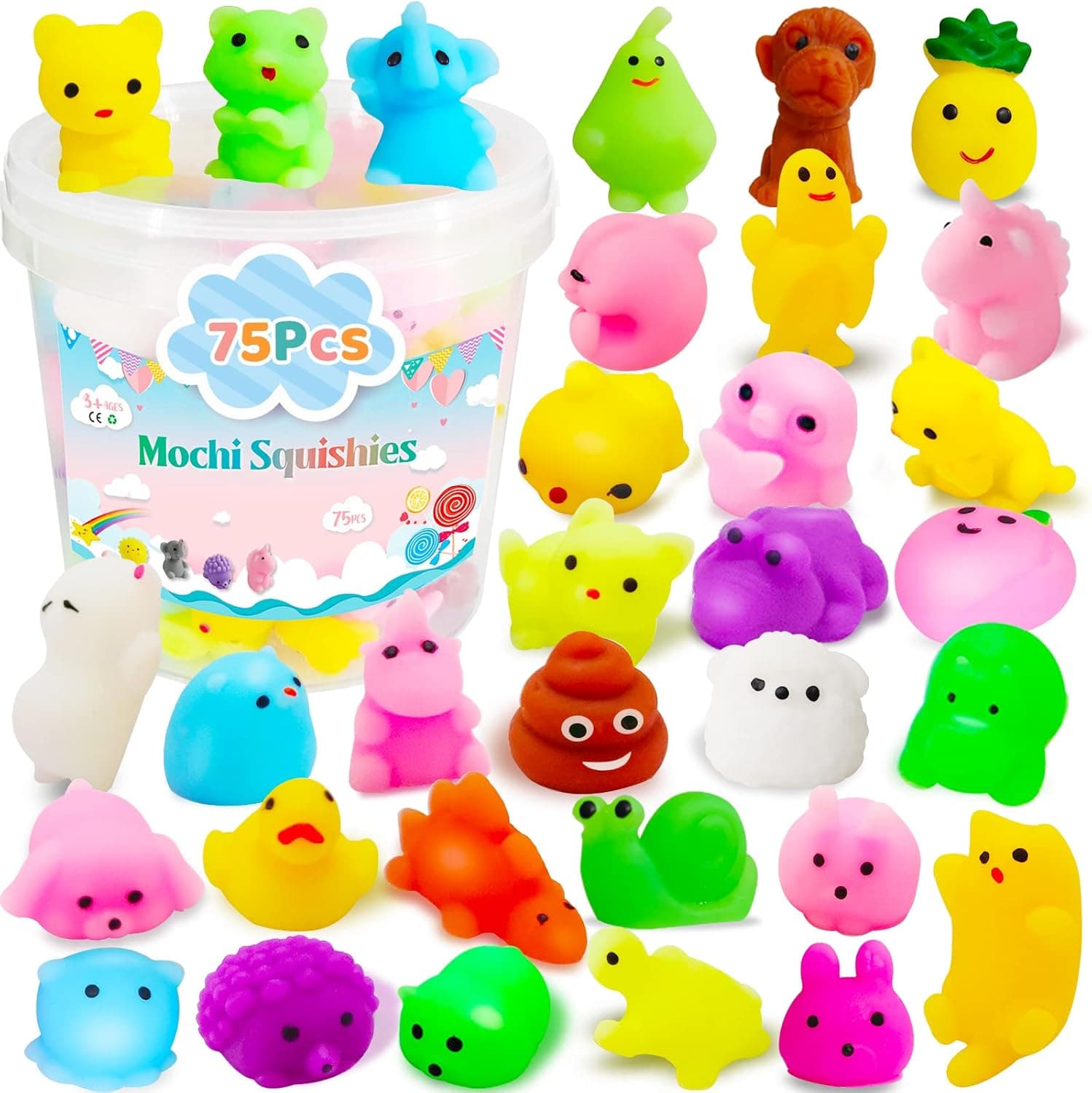 Mochi Squishy Toys, 75Pcs Kawaii Squishies Kids Party Favors-Animal Squishies Cat Panda Unicorn Squishy Stress Relief Toys for Adults Boys & Girls Birthday Gifts, Classroom Prize, Easter Egg Stuffers