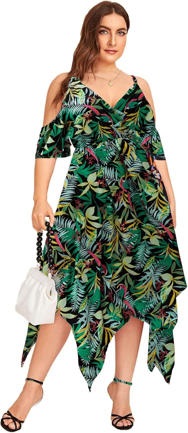 Milumia Women's Plus Size Cold Shoulder Tropical Floral Slit Summer Maxi Dress