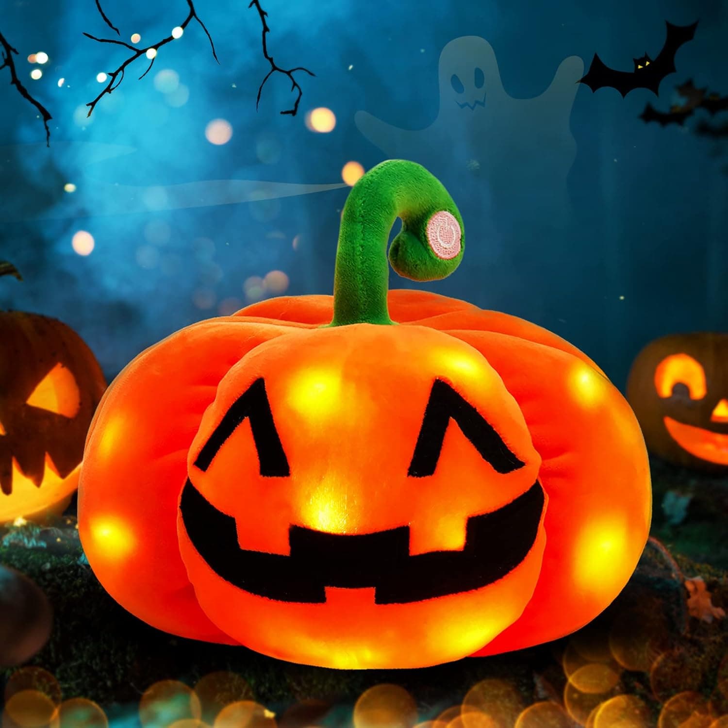 Athoinsu Light up Halloween Pumpkin Stuffed Animal LED Glowing Night Light Fluffy Soft Ghost Jack O Lantern Plush Toy Decoration Gift for Toddlers Kids, 9’’