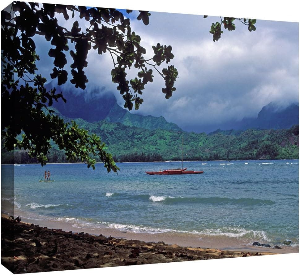 ArtWall Kathy Yates 'Red Canoe on Hanalei Bay' Gallery Wrapped Canvas Artwork, 32 by 48-Inch