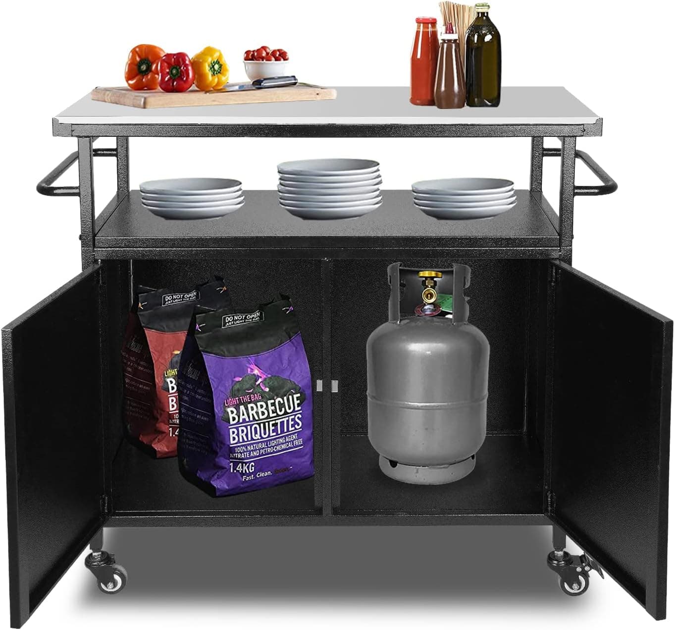 Karpevta Kitchen Island Cart 33X15X31 inch Portable Outdoor Table and Storage Cabinet with Hooks Kitchen Island with Stainless Steel Countertop Mobile Kitchen Island