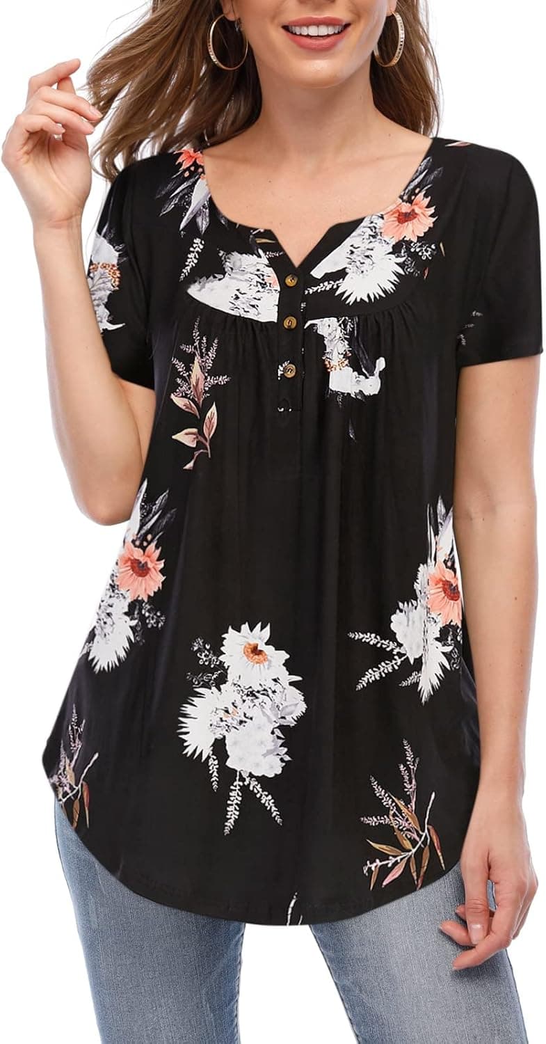Beauhuty Womens Tops Floral V Neck Casual Blouses Short/Long Sleeve Shirts Button Up Tunic
