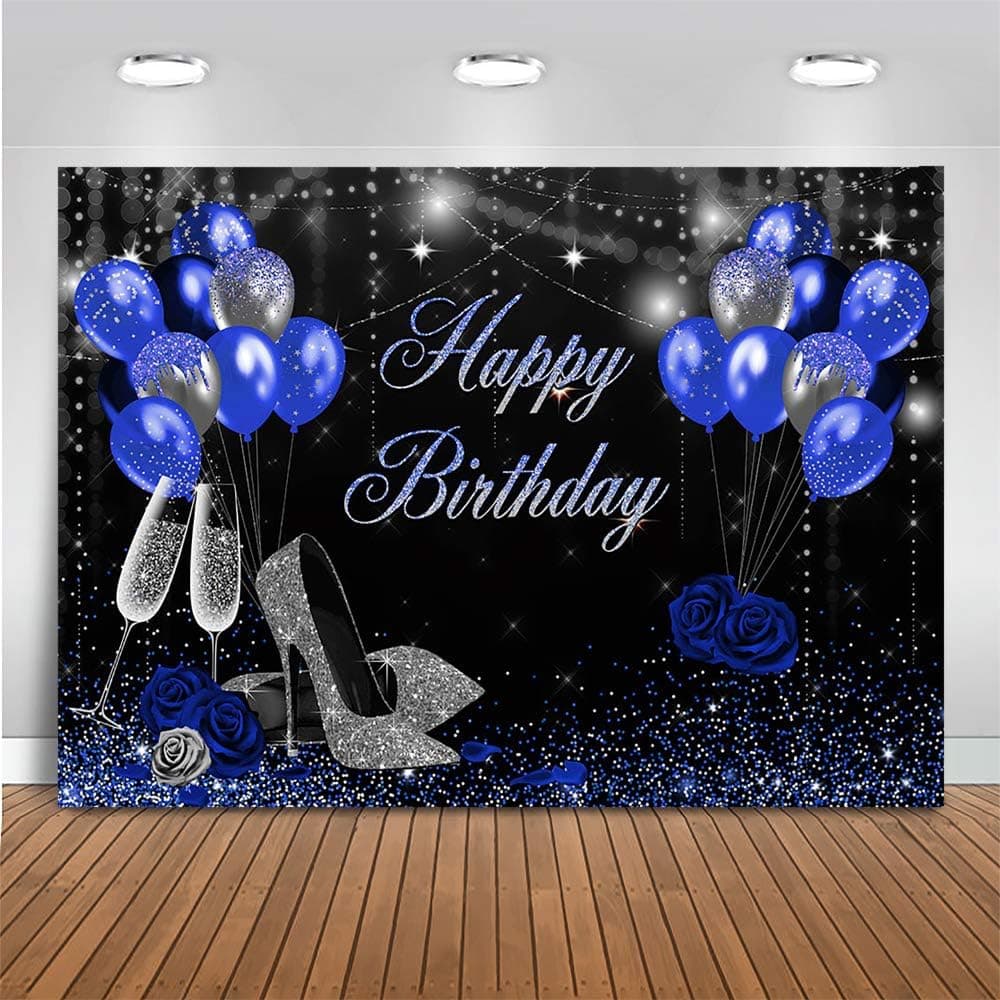 Mocsicka Blue and Birthday Backdrop for Women Silver High Heels and Blue Balloons Birthday Party Decoration for Girl Blue Rose Happy Birthday Party Banner Supplies (7x5ft (82x60 inch))