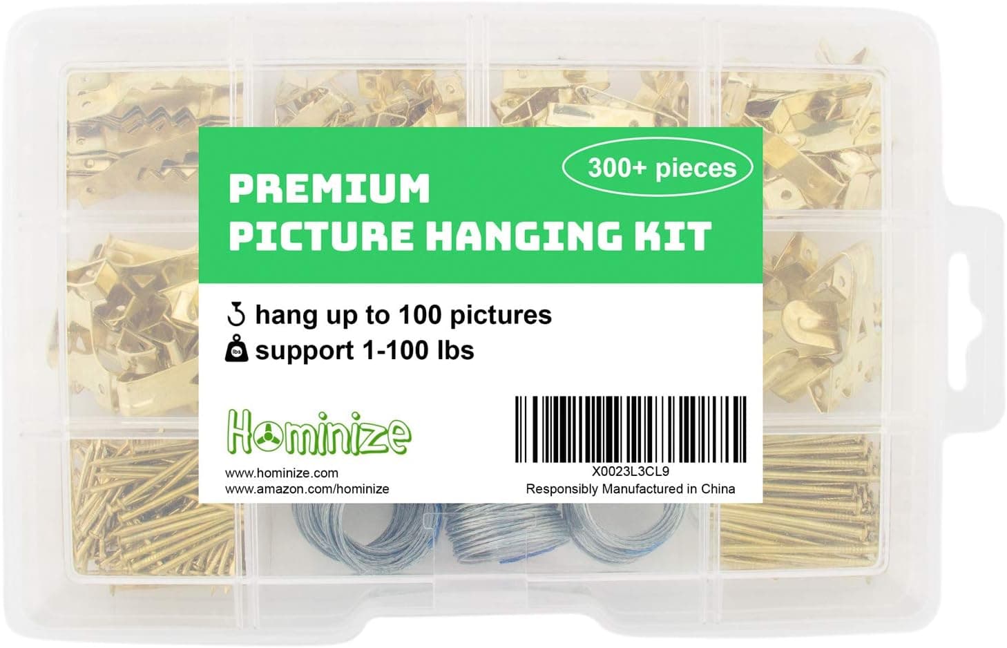 Picture Hanging Kit - Premium 300+ Piece Assortment with Picture Hangers, Hooks, Nails, Wires, Sawtooth Hangers, D Rings, Screw Eyes and Hardware for Hanging Frames