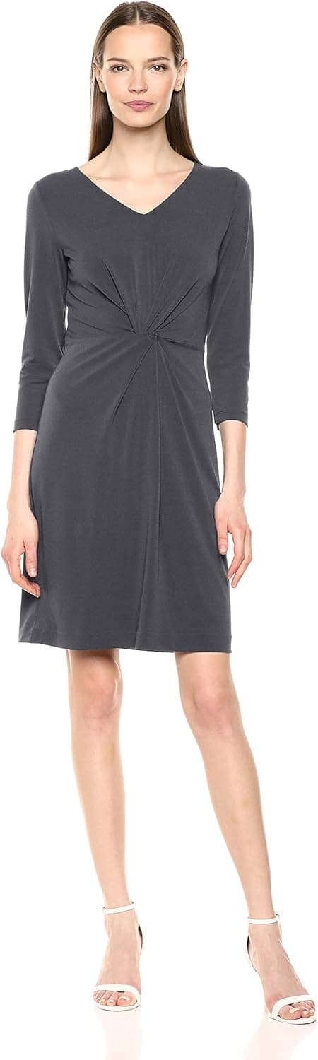 Lark & Ro Women's Standard Crepe Knit Three Quarter Sleeve Center Twist Dress