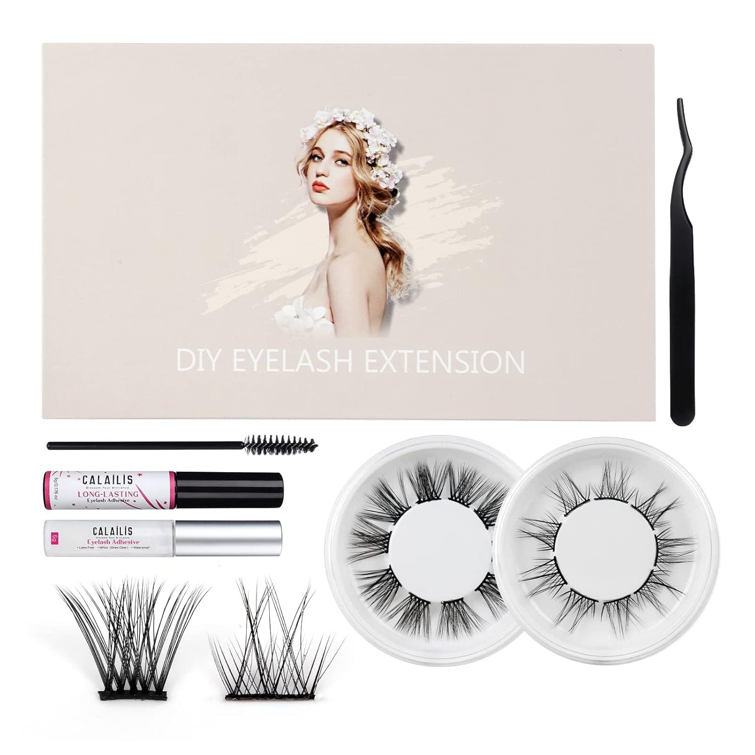 DIY Eyelash Extension, CALAILIS Individual Clusters Lashes Kit, DIY Eyelash Extension Kit at Home Natural Look, with 2 Glue, Brush, Tweezers for Home Eyelash Extension（ZW02）