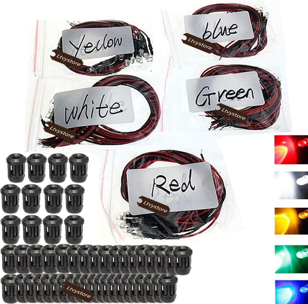 Ltvystore 100Pcs 5MM 12V LED Pre Wired Prewired 7.87 Inch Lamp Light Bulb Round Prewired Emitting Diode Red Blue Yellow Green White & Black 5MM LED Plastic Clip Holder Display Panel