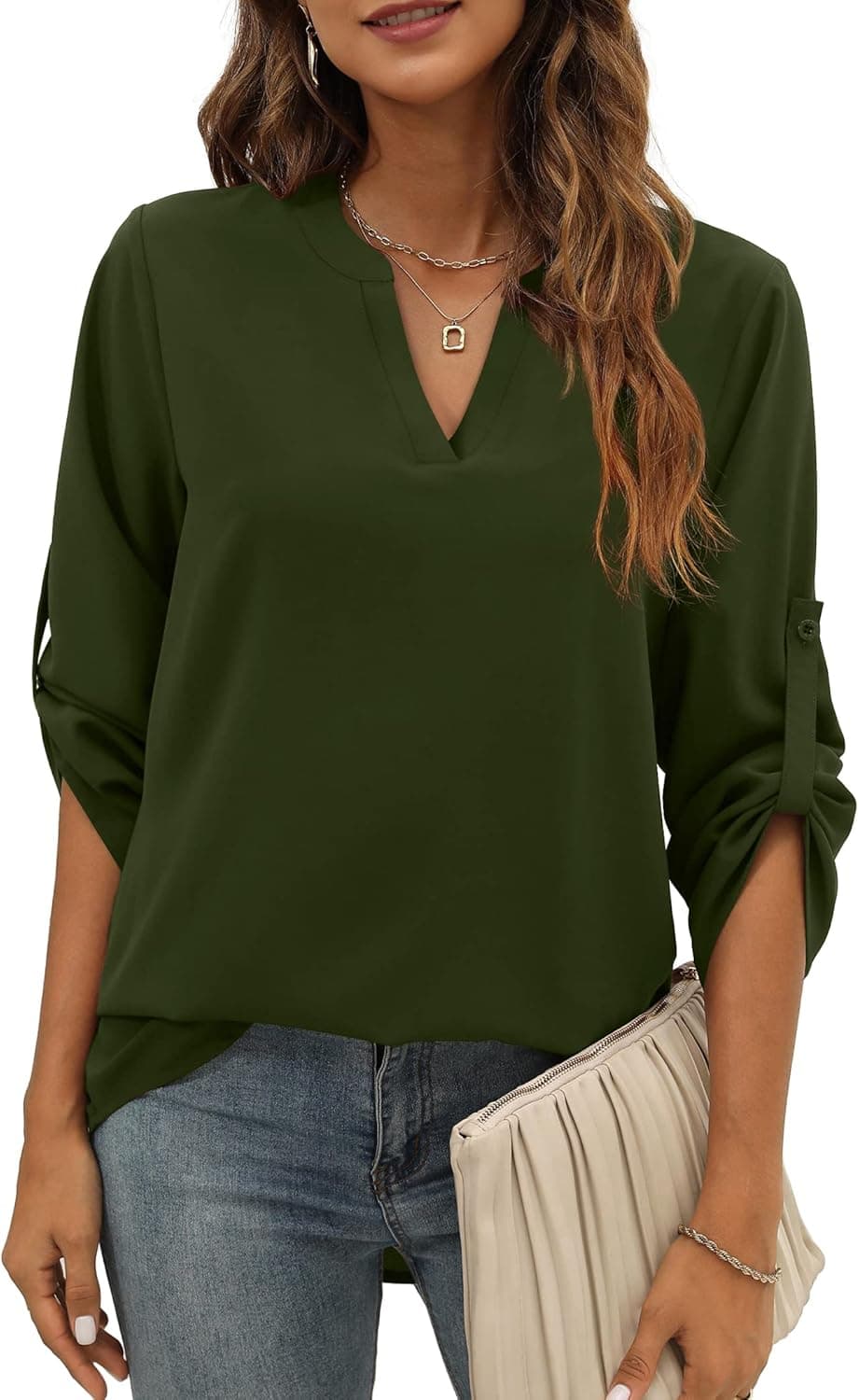 Womens Business Casual Blouses Work Tops Fashion 3/4 Sleeve Shirts