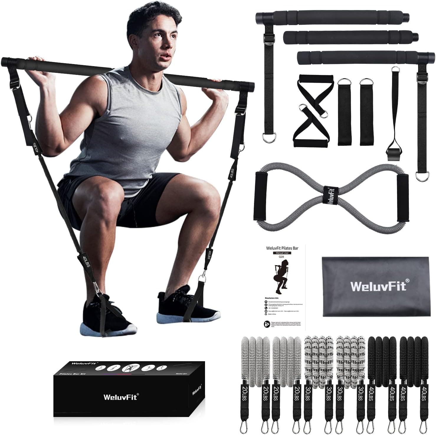 Workout Equipment, WeluvFit Pilates Bar Kit with Resistance Bands(6*Resistance Bands) Exercise Fitness Equipment, Length Adjustable Squat Bands for Women&Men