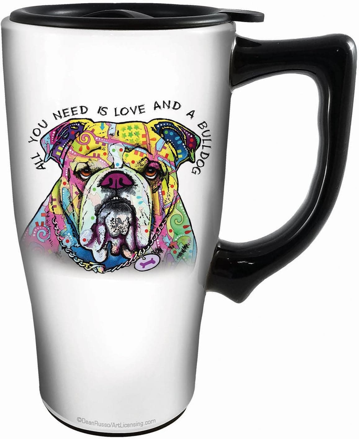 Spoontiques Bulldog Ceramic Travel Mug, White/Multicolor