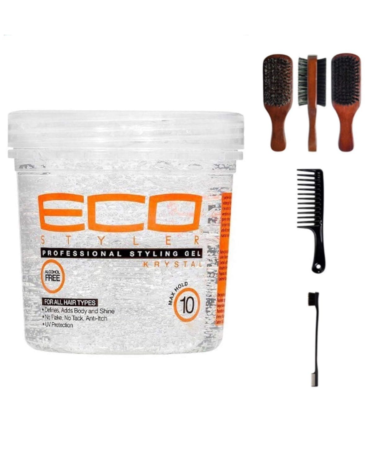 Eco Style Professional Styling Gel Krystal, 8 Ounce (Including Double Sided Edge Control Brush, Large Wide Tooth Detangling Shampoo Comb & 100% Boar 2-Sided Club Brush) Eco Styler Hair Gel