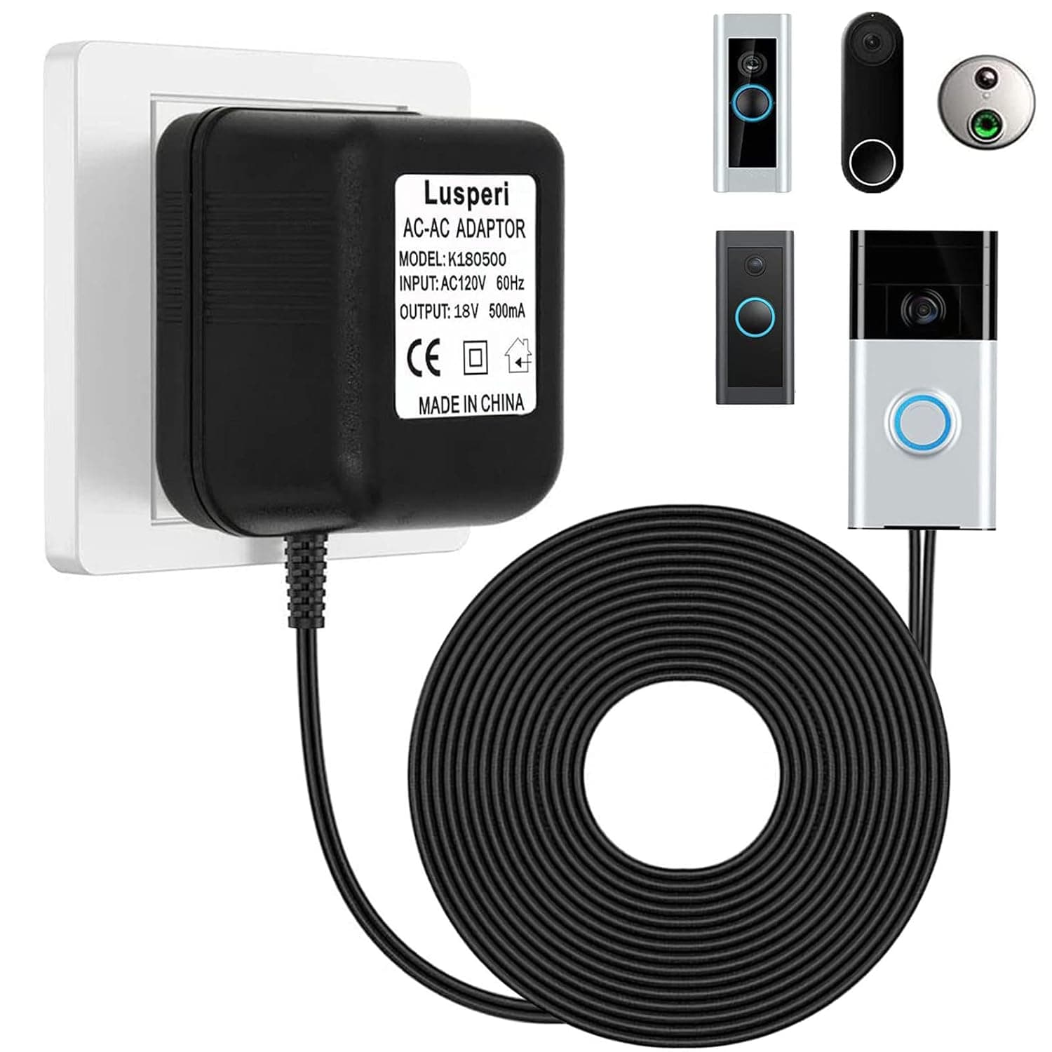 16.4 ft Extension Cabel Video Doorbell Power 18V500mA Transformer, AC110-120V to AC18V Doorbell Adapter, Compatible with Zmodo Smart Doorbell and Nest Hello Doorbell