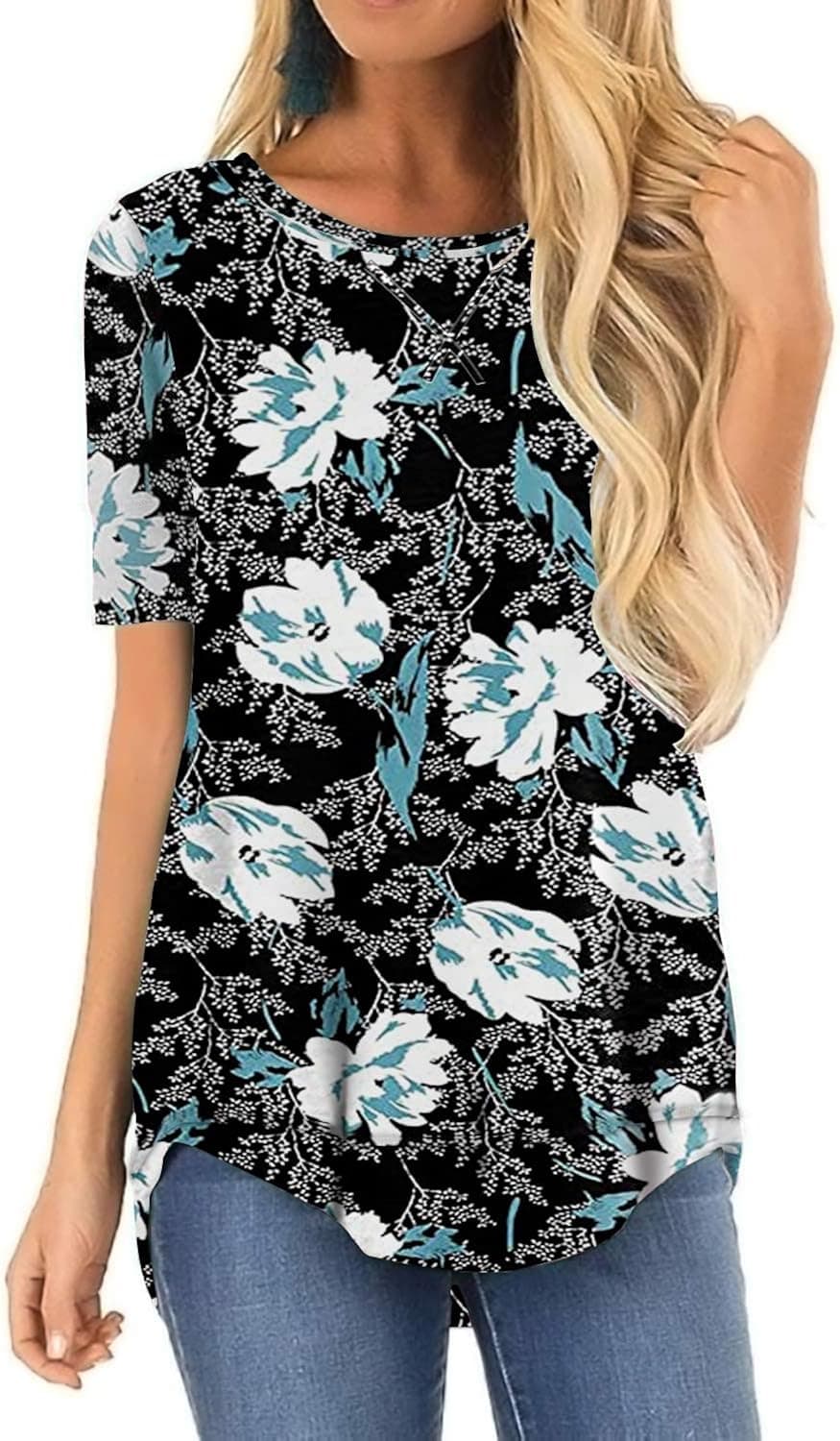 LaLaLa Women's Summer Shirts Casual Loose Crewneck Side Split Tunic Short Sleeve T-Shirts Tops