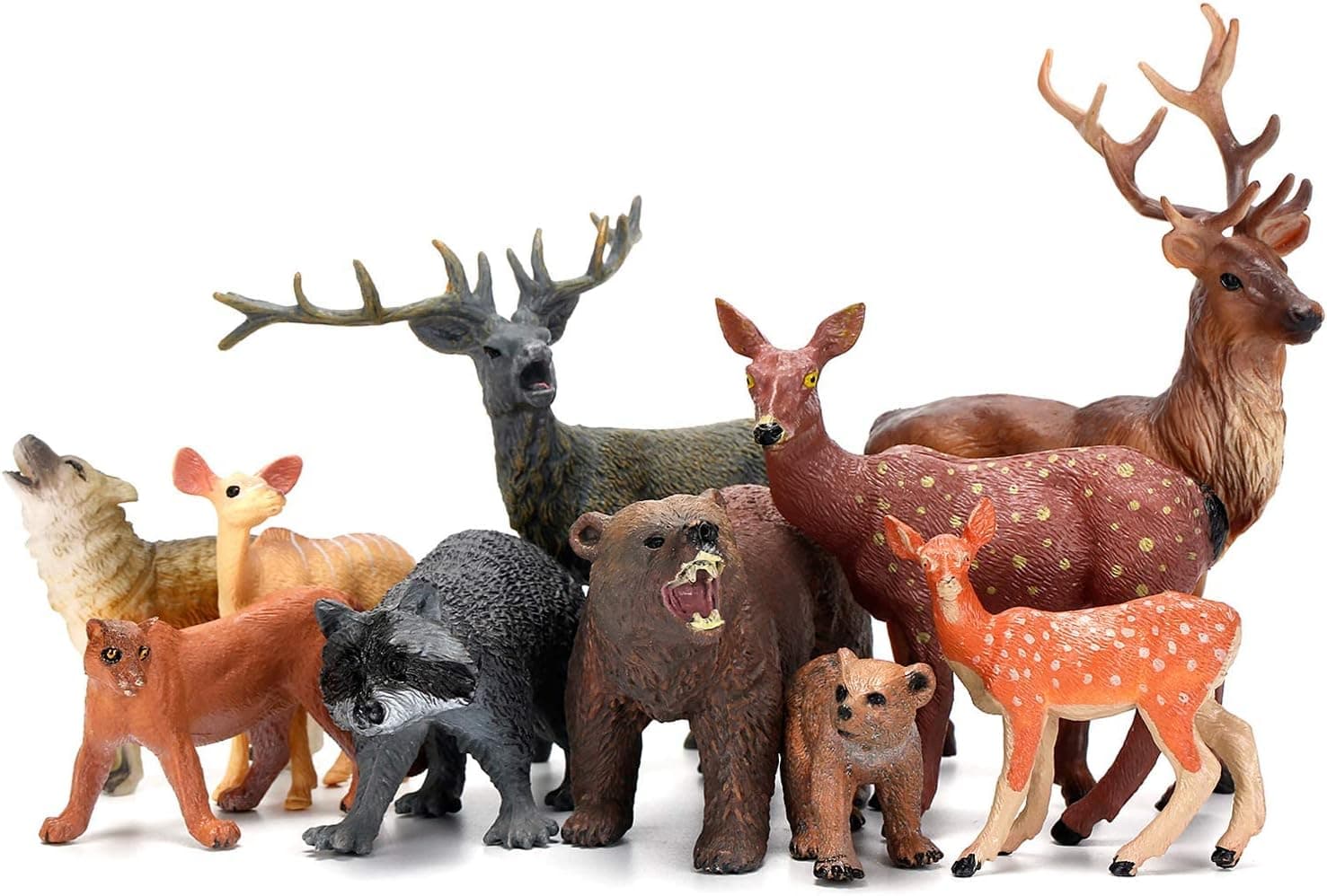 Woodland Animals Figurines Toys, 10 Piece Realistic Plastic Wild Forest Animals Figures with Elk, Wolf, Brown Bear, Raccoon, Lynx, Deer Figurines Playset Cake Toppers for Kids Children Toddlers