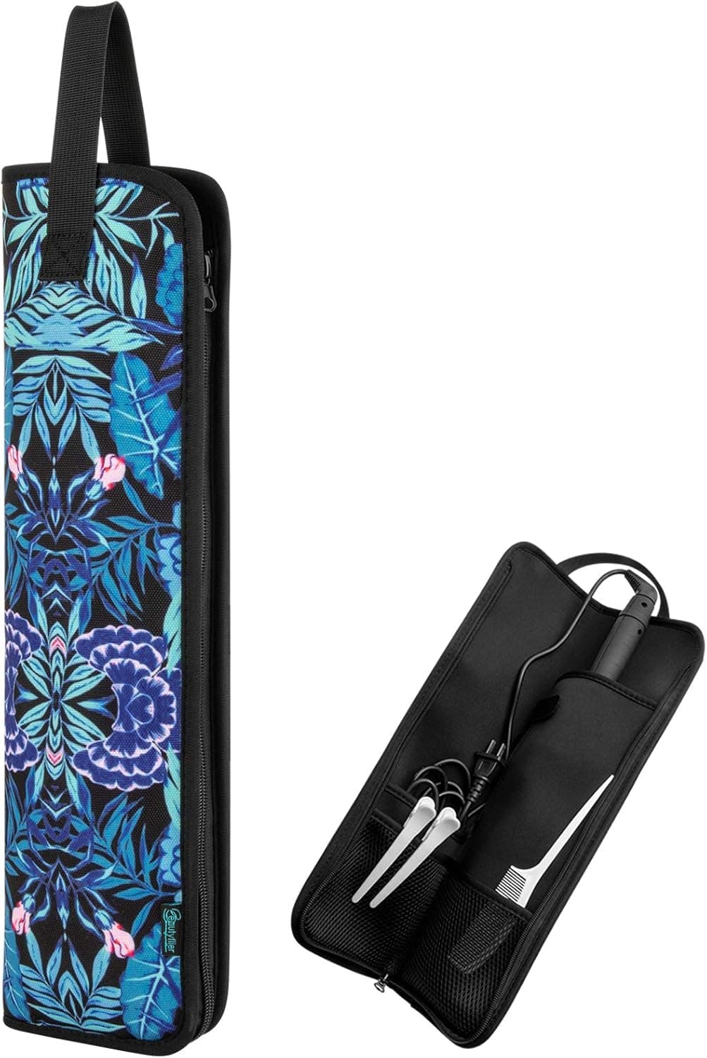 Beautyflier Universal Curling Iron Cover Sleeve, Canvas Heat-Resistant Curling & Flat Iron Holder, Flat Iron Curling Wand Travel Cover Case Bag Pouch for Travel, Gym, or Home (Blue Flower)
