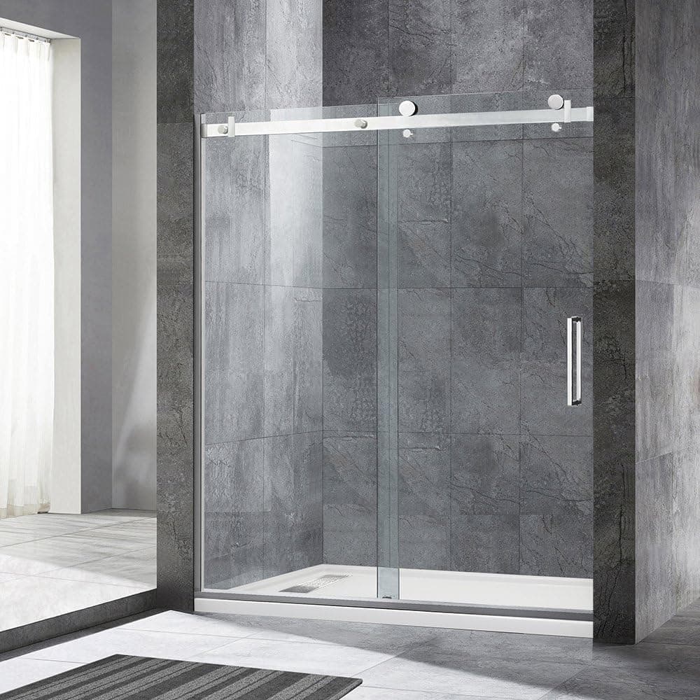 WoodBridge Deluxe Frameless Sliding Shower Door, Clear Tempered Glass, Brushed Nickel Stainless Steel Finish, 48" x 76" WxH, MSDF4876-B