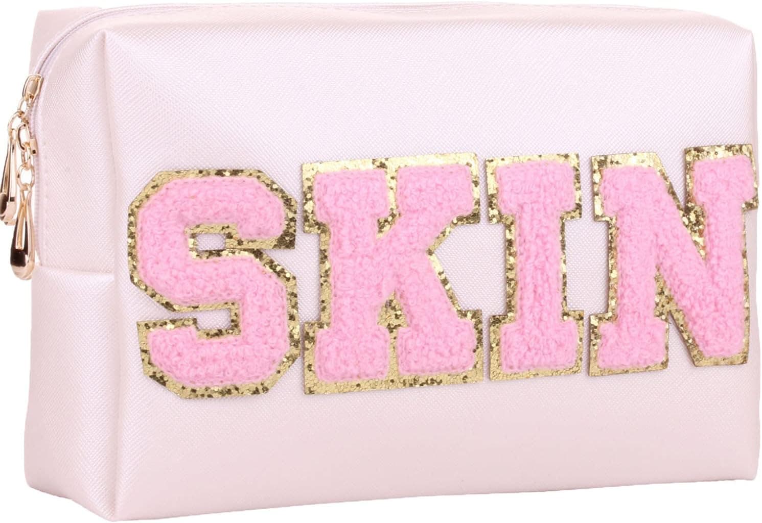 CRUOXIBB Preppy Patch Cosmetic Toiletry Bag for Women Girls SKIN Letters PU Leather Portable Makeup Bag Zipper Pouch Storage Purse Waterproof Organizer for Travel (Shell Gold)