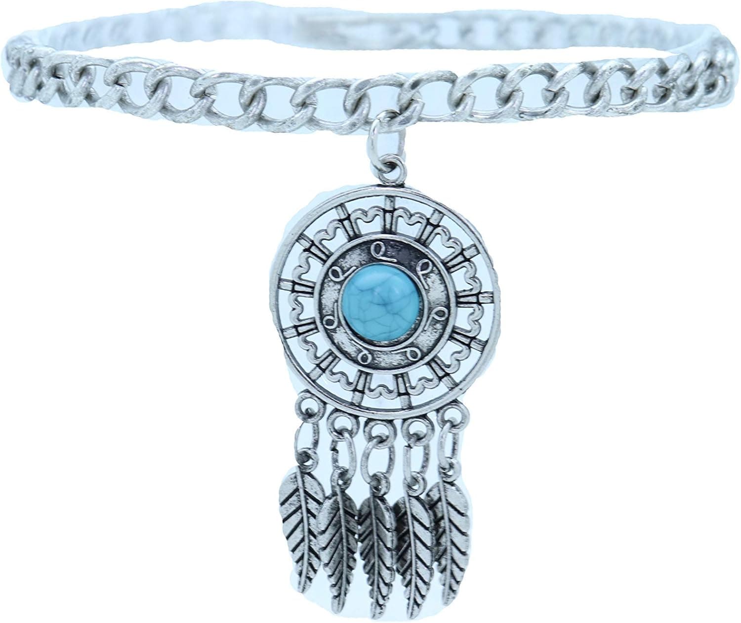 TFJ Women Western Fashion Jewelry Boot Bracelet Silver Metal Chain Shoe Native Style Feather Charm Turquoise Blue