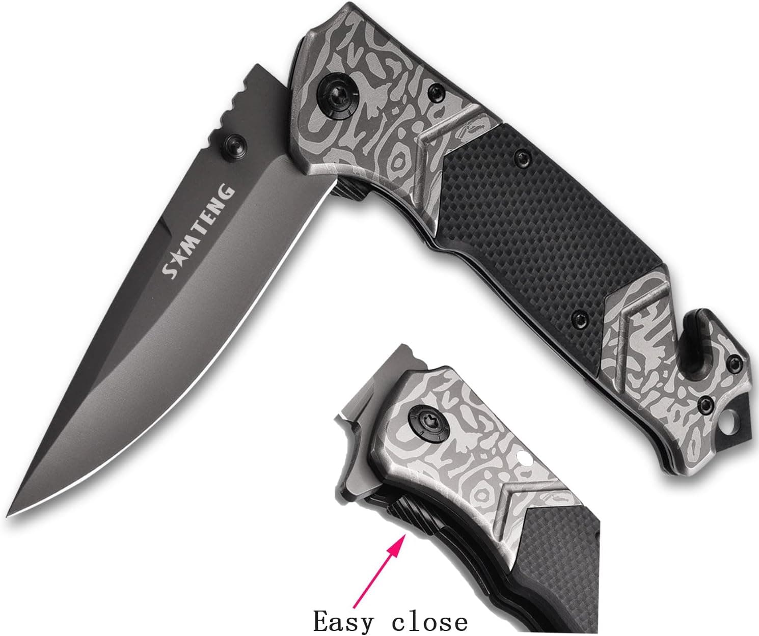 SMTENG 8in Stainless Steel folding Knife With pattern Antiskid G10 handle,Outdoor Tactical Survival EMT EDC Knife,Easy closing Liner Lock Everyday Carry Pocket Knife With Clip,5 inch close black