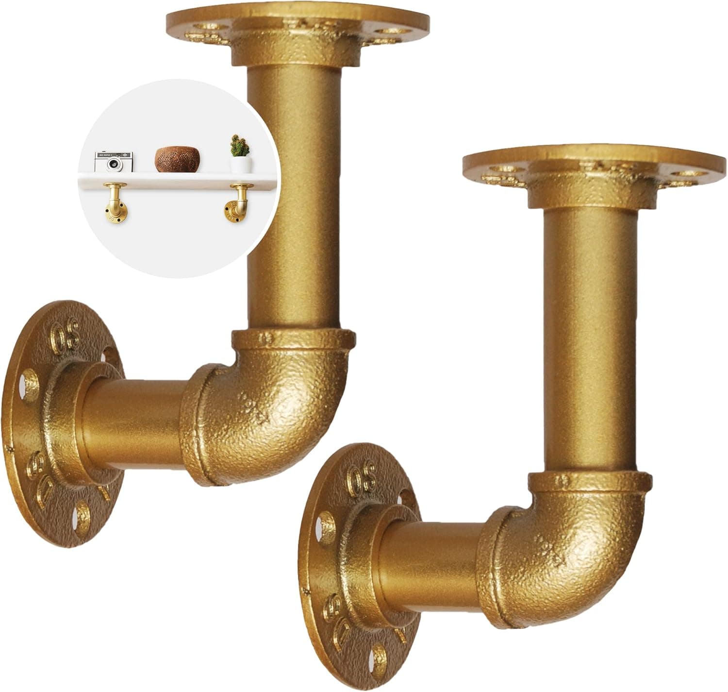 Gold Pipe Shelf Brackets (2pcs) - Elbow L Floating Shelf Brackets - Hardware to Mount Included