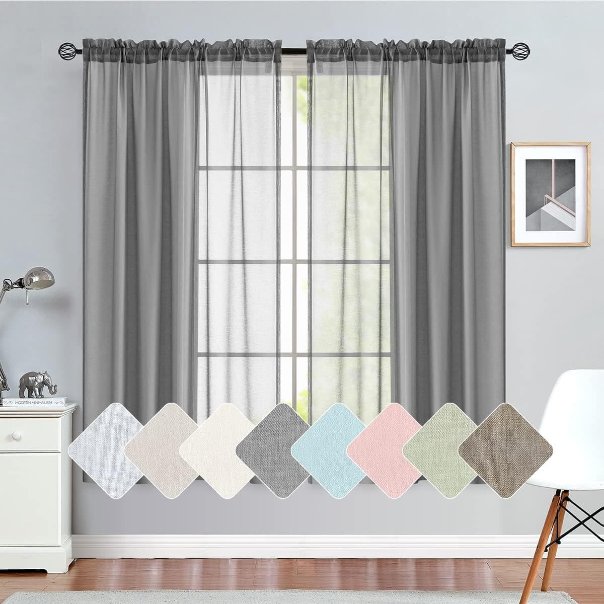 Sheer Curtains Grey Bedroom 63 inches Long Semi Sheer Curtains Living Room Rod Pocket Window Treatment Sheer Voile Curtain Set, 1 Pair, Dark Gray