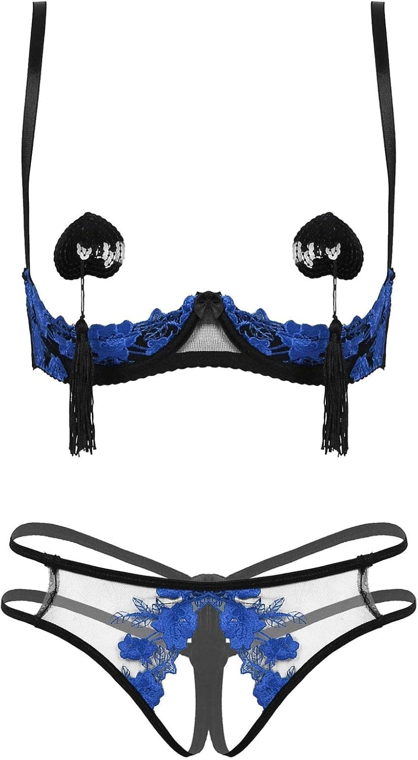 YiZYiF Women's Cut Out Lingerie Set Push Up Lace Appliques Underwire Two Piece Bra and Panty