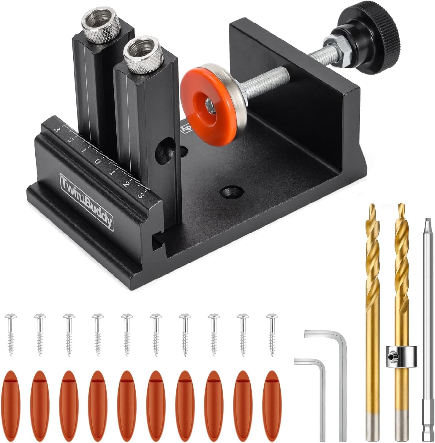 Pocket Hole Jig Tool Kit for Carpentry with Guide Hole Block with Adjustable Hole Pitch, Removable Pocket Hole Drill Guide Jig Set for 15° Angled Holes, Portable Pocket Hole Screw Clamp System, Metric