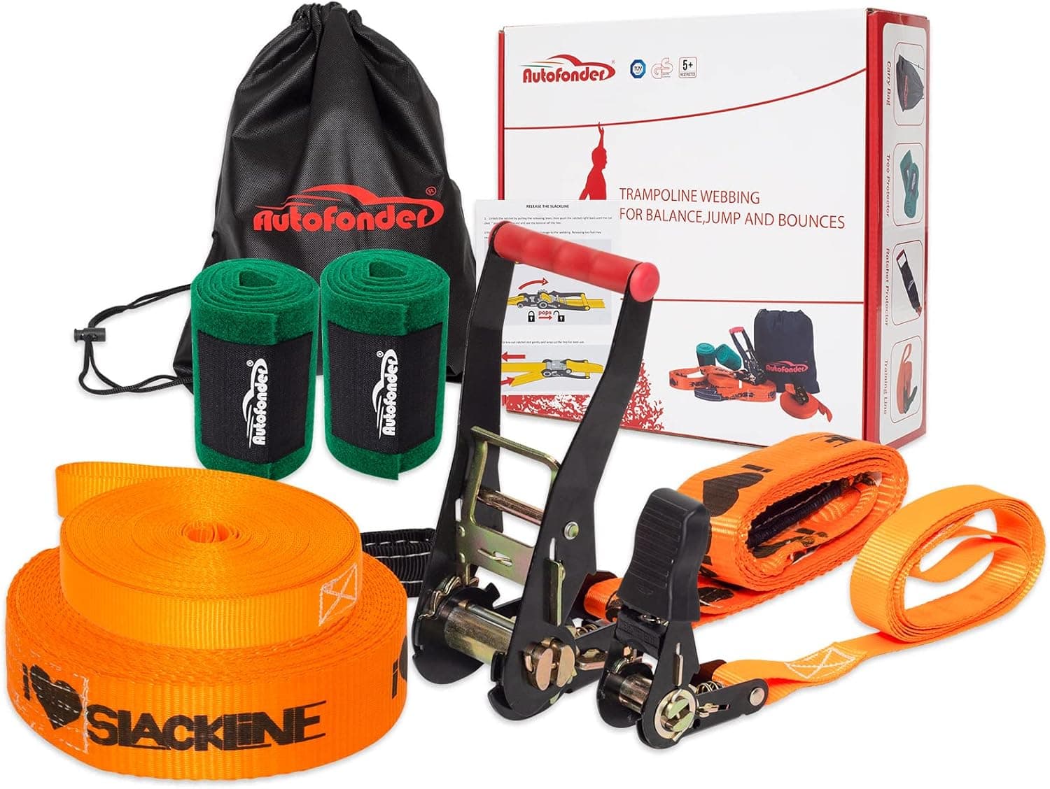 Autofonder Slackline Kit with Training Line-250lbs Weight Capacity for Adults Children and Beginners-Perfect Slack Line with Tree Protectors Ratchet Cover Instructions and Carry Bag for Tree Backyard