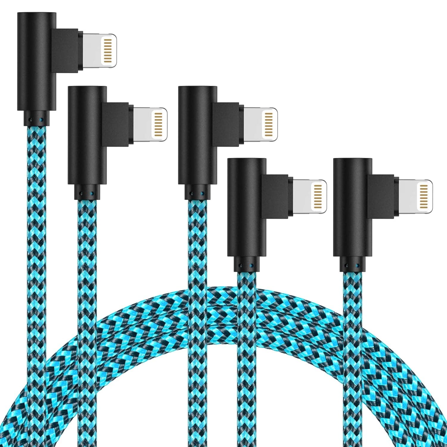 iPhone Charger Cord Right Angle Lightning Cable 5 Pack (3/3/6/6/10FT) Nylon Braid 90 Degree Charging Cord Fast Charging & Data Sync Cord Long Compatible iPhone 13 12 11 Pro XS Max/X/8/7/Plus iPad Blue