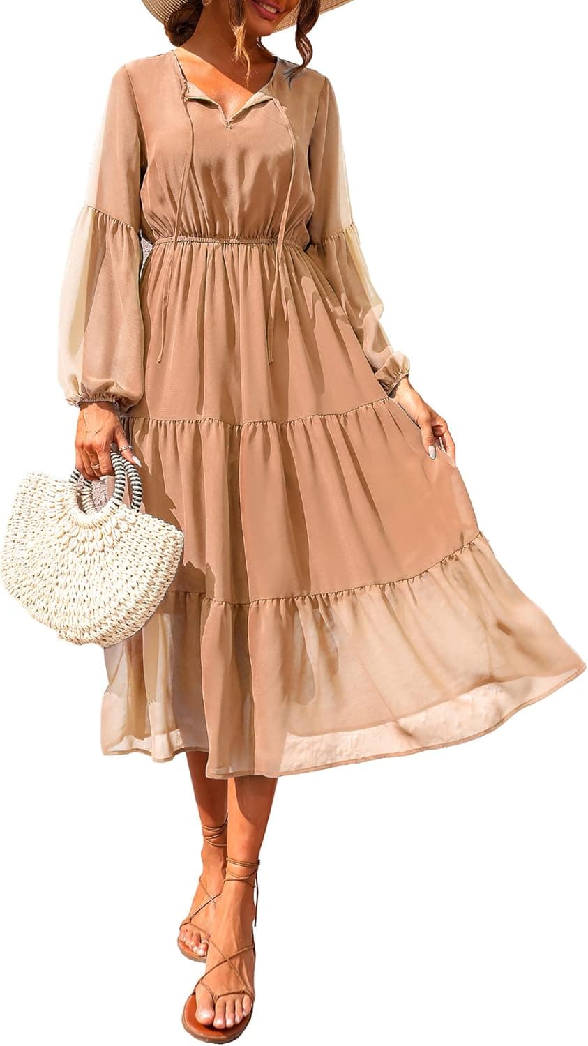 BTFBM Women V Neck Spring Summer Dresses 2023 Casual Long Sleeve Tie Neck High Waist Pleated Flowy Swing Party Maxi Dress