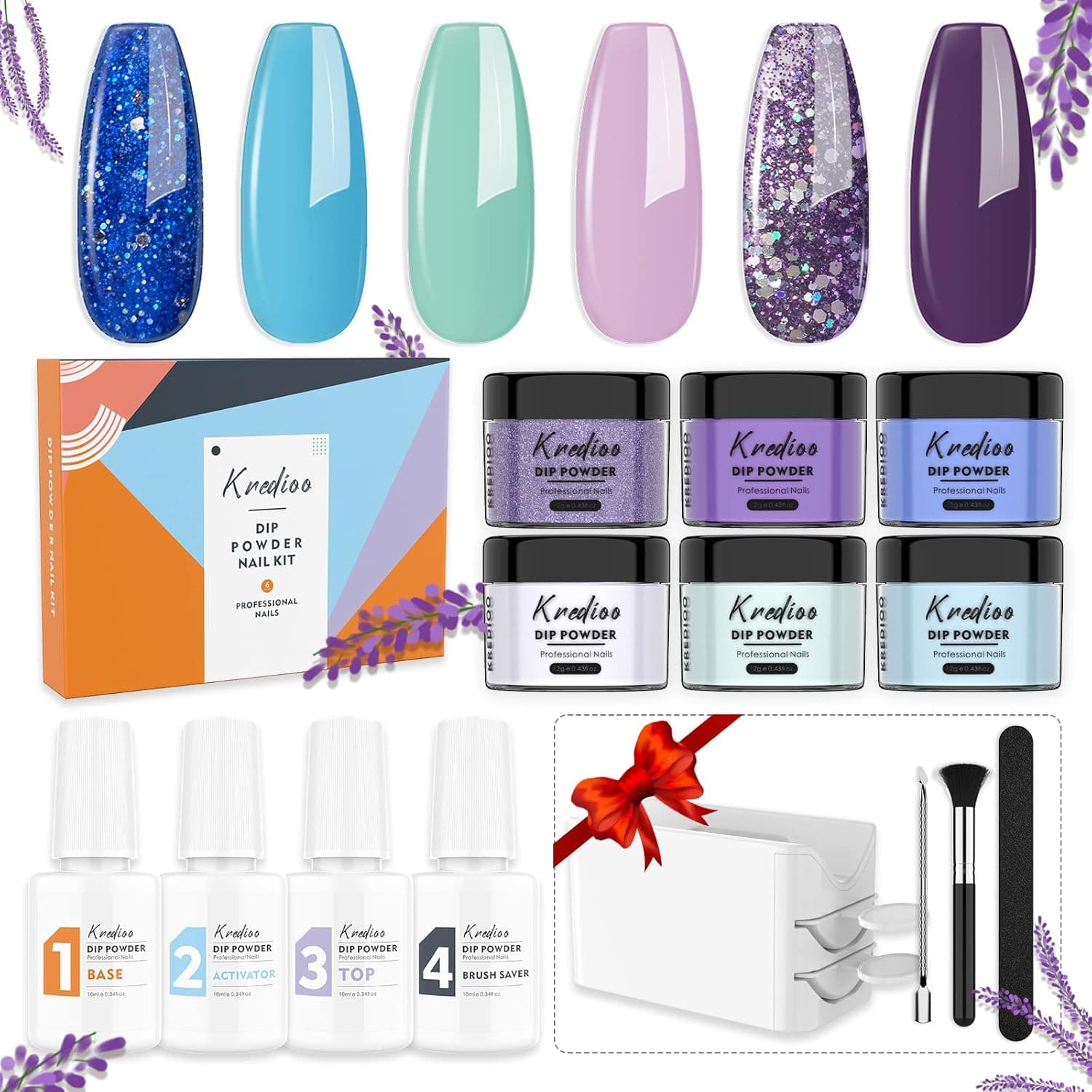 Dip Powder Nail Kit, Kredioo 6 Colors PURPLE Collections Starter Kit 4 Liquid and French Dipping Tray, No Lamp Needed Quick Drying for Home Starters Manicure-Starry Night