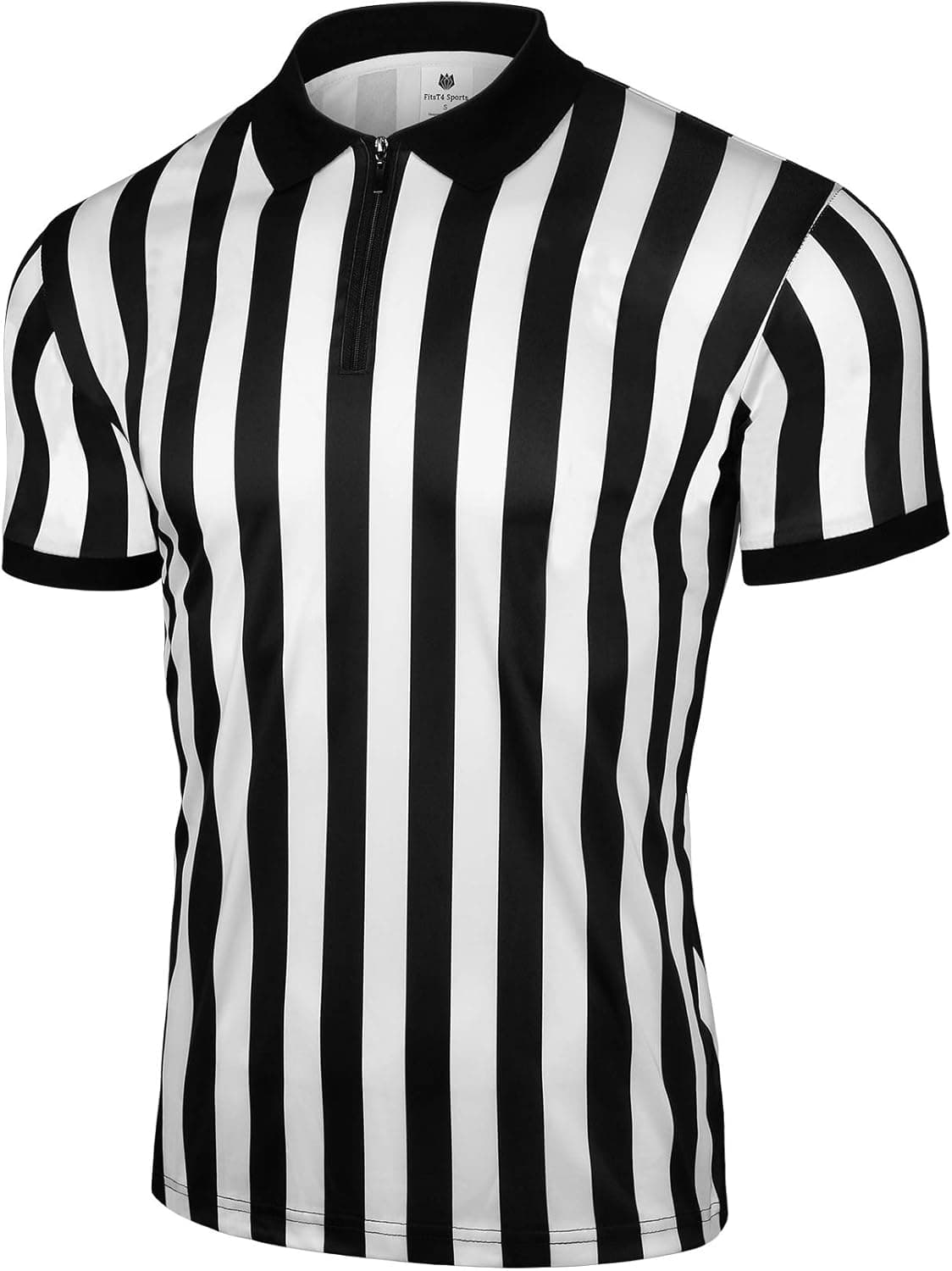 FitsT4 Men's Official Black & White Stripe Referee Shirt Zipper Collared V-Neck Short Sleeve Umpire Jersey Costume Pro Ref Uniform for Soccer Basketball Football